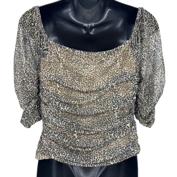 Anthropologie Top Blouse Medium Animal Square Neck Puff Short Sleeve Ruched New - Picture 5 of 9